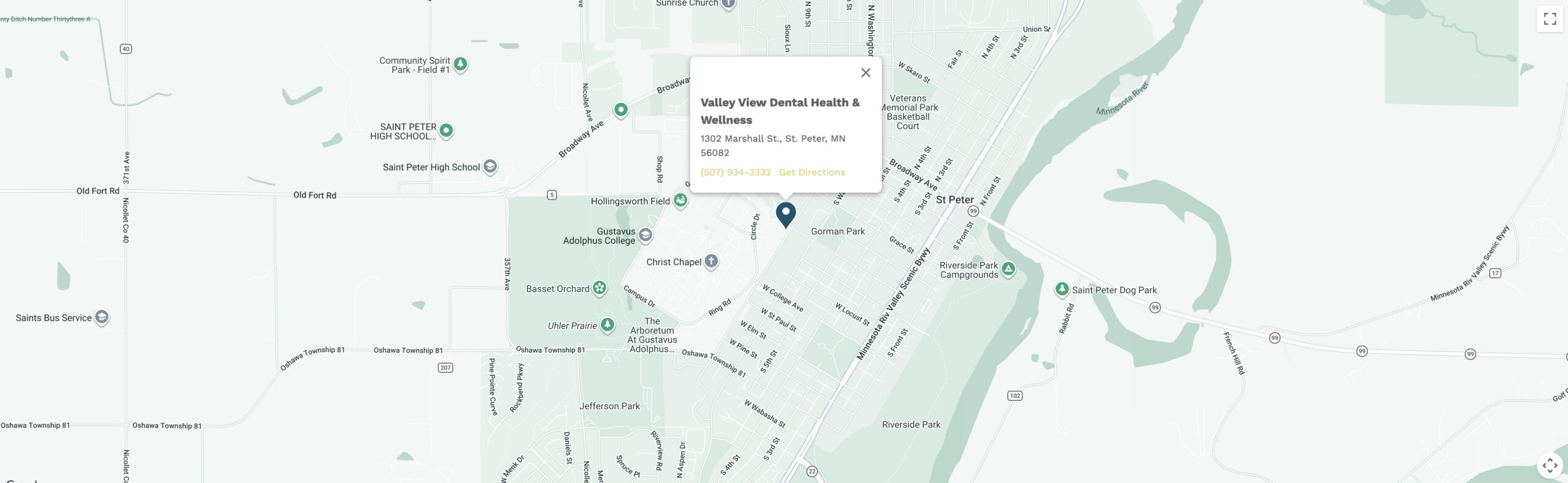 Map showing Valley View Dental Health & Wellness at 1302 Marshall St., St. Peter, MN 56082
